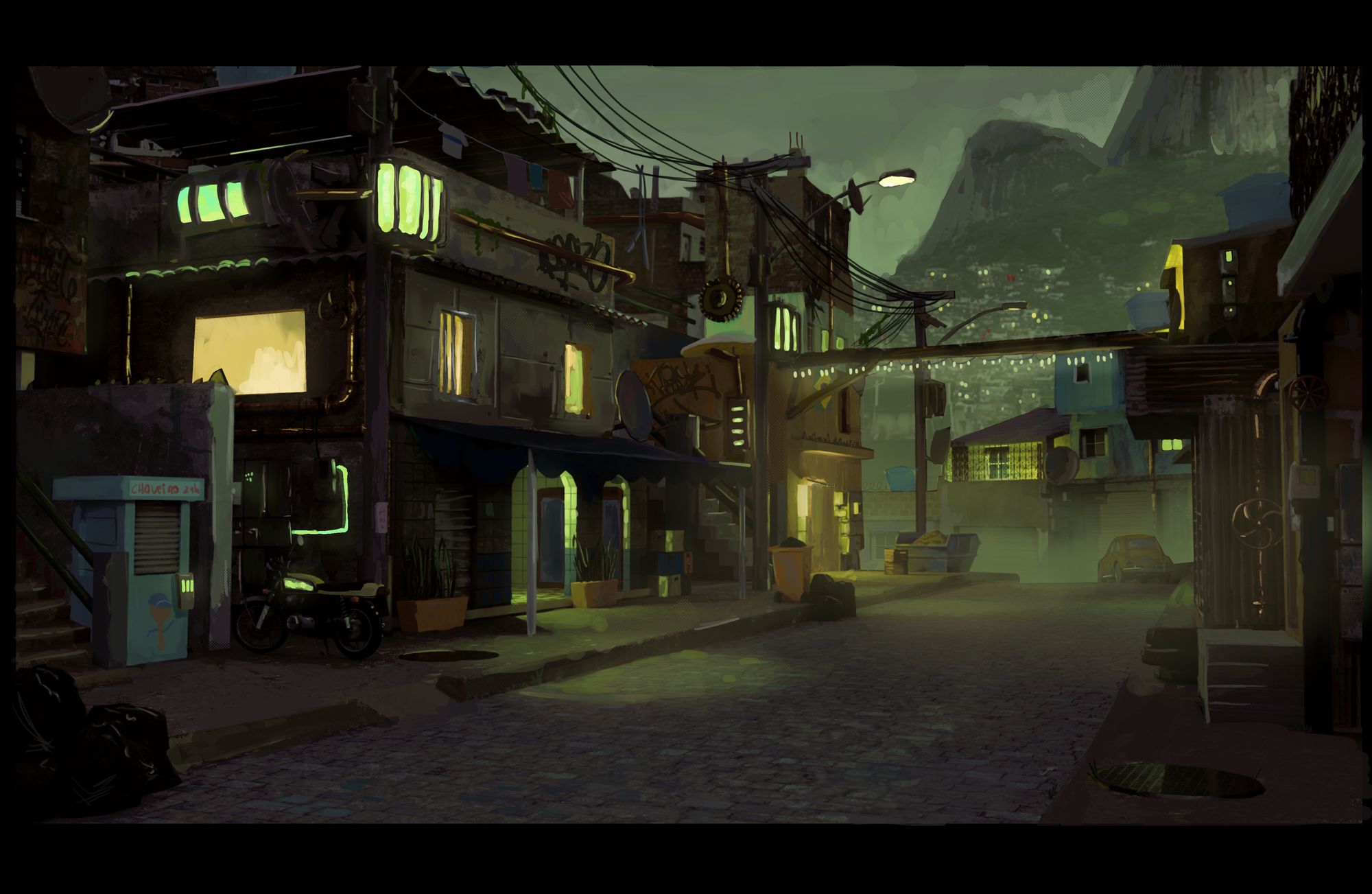 Rua de favela à noite